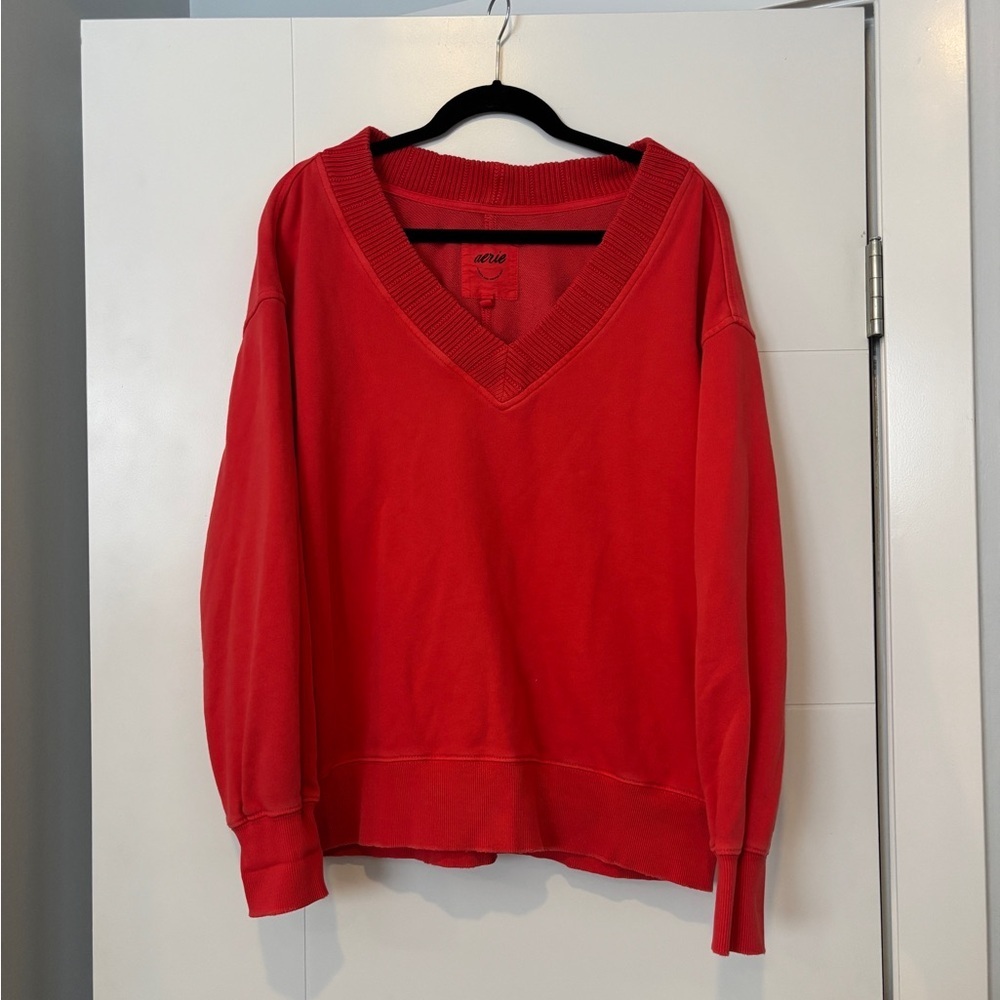 Aerie Cozy V-Neck Sweater in Coral Red